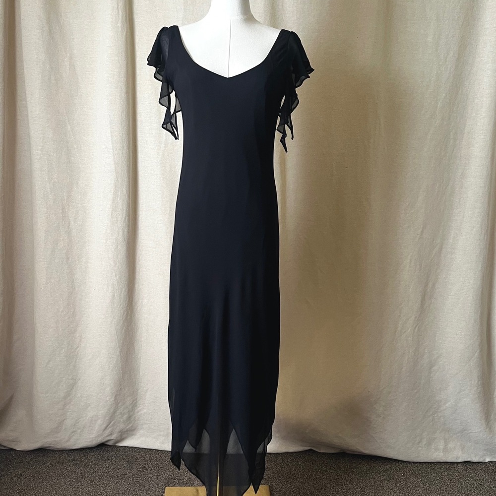 Vintage Black Silk Slip Dress Flutter Sleeve Handkerchief Hem M